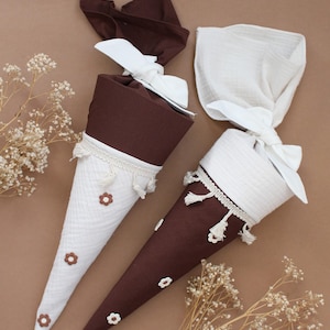 Tas voor broertjes en zusjes, tas voor de crèche, tas voor de kleuterschool, gemaakt van mousseline met kleine bloemetjes, bruin, beige, met personalisatie.