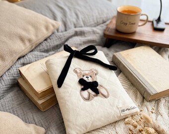 Cotton book cover with name tag, book cover, book bag with bow, teddy bear