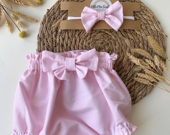 shorts pour bébé faits à la main bloomers roses avec bandeau en coton en taille 6-12