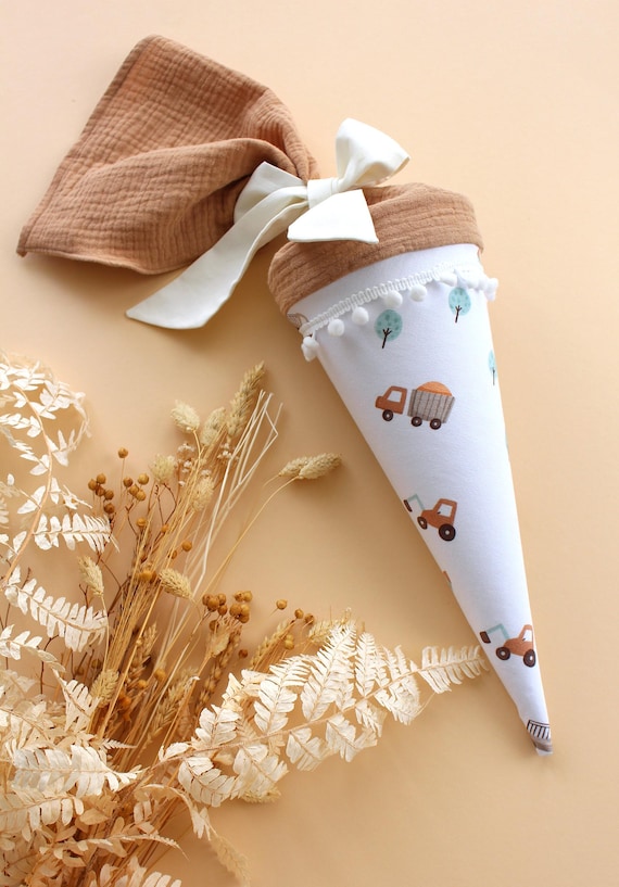 Geschwistertüte, Kitatüte, Kindergartentüte aus Baumwolle mit Bagger-Motiv, mit Namen, 35 cm Fahrzeuge Auto