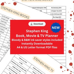 Stephen King Book, Movie and TV digital planner, tracker or chooser. Carrie to Never Flinch 2025 and The Long Walk 2025. Printable PDF.