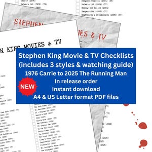 Stephen King Movie and TV checklists and tracker from Carrie 1976 to The Running Man 2025. Digital screen viewable and printable PDF files