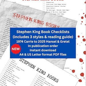 Stephen King book checklists and trackers for instant download. 3 styles, plain and bloody. PDF list from Carrie to Never Flinch 2025
