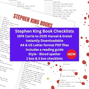 Blood spatter Stephen King book checklists & trackers to instantly download. PDF printable list from Carrie to Never Flinch 2025