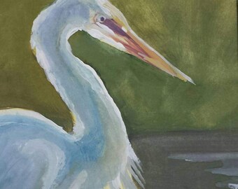 Snowy Egret Closeup Original Watercolor Painting