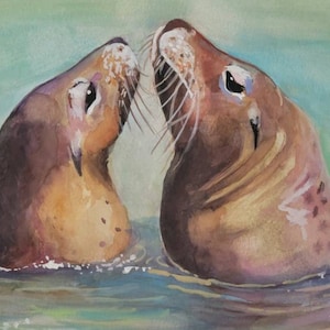 Kissing Sea Lions Original Watercolor Painting