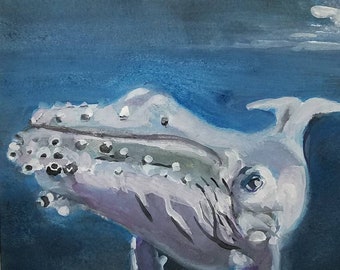 Whale Coming original watercolor and gouache painting