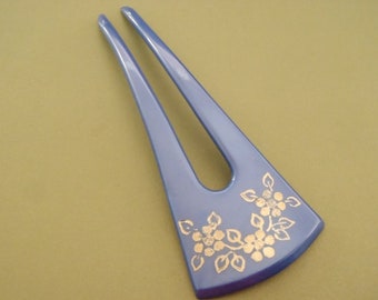 Vintage French Chignon Bun Pin Hair Fork Pick 1970s France Blue with Gold Lustre 4 inch (10 cm) Wedding Prom womens accessories hair jewelry