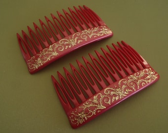 2 Vintage French Hair Combs 1960s Raspberry with embossed decoration 80x48 mm (3 1/4 x 1 7/8 inch) womens accessories hair jewelry