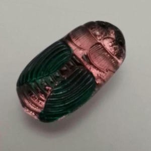 Könnte beinhalten: Ein gläserner Käfer-Anhänger in Pink und Grün. Der Käfer hat detaillierte Flügel und einen strukturierten Körper.