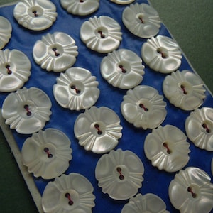 RARE 1932 Carved Pearl Flower Buttons 5/8 inch (15mm) set of 24 on original card unusual design beautiful detail sew craft collect.