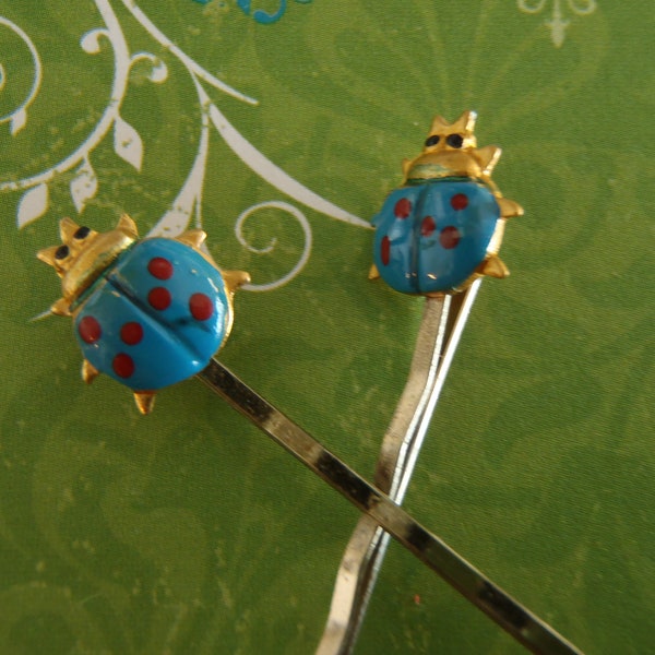 2 Vintage decorated Bug Bobby Pins Blue Beetle Red Polkadots gold trim 13x10mm on gold 53mm pins