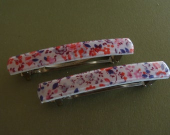 2 Vintage French Hair Barrettes Unused Red Pink Blue Floral Design textured 63x10 mm (2 1/2x3/8 inch) womens accessories hair jewelry France
