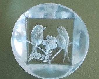 RARE 1930s Vintage Lucite Love Bird Button delicately reverse carved approx 7/8 inch (22mm) metal loop collect sew jewelry knit.