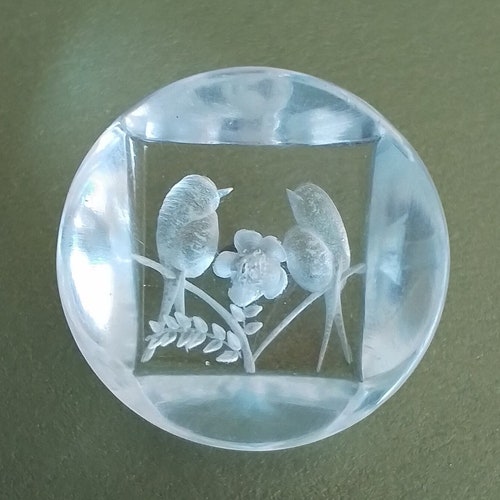 RARE bouton Lucite Love Bird vintage des années 1930, délicatement sculpté à l'envers, boucle en métal d'environ 22 mm (7/8 po.) pour collectionner des bijoux cousus en tricot.