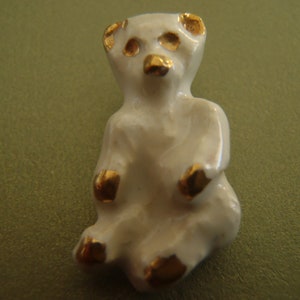 Antique Vintage White Bear Studio Button French gold lustre artisan hand made ceramic 1x1/2 inch (25x14 mm) brass loop collect jewelry sew