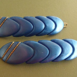2 Vintage French Hair Barrettes Blue with Gold Braid unused 65x12 mm (2 5/8 x 1/2 inches) stylish European womens accessories hair jewelry