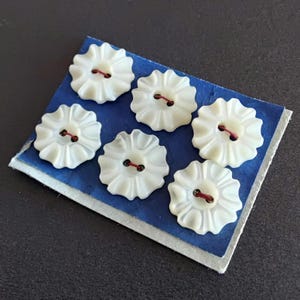 May include: A set of six white, flower-shaped buttons with scalloped edges, each featuring two central holes threaded with thin dark red cord. The buttons are arranged in two rows on a rectangular piece of dark blue cardstock with white edges.
