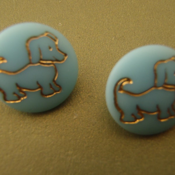 2 small Vintage Glass Dog Buttons blue button gold trim cute character puppy 13mm (1/2 inch) sew jewelry knit quilt collect