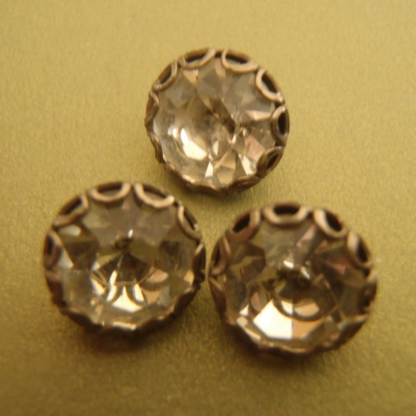 3 Vintage "Jewel Cut Glass" Buttons in Silver Tone Metal Setting brilliant faceted cut approx 3/8 inch (9 mm) metal loop collect sew