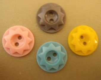 4 Vintage Colt Buttons small (turquoise yellow pink gray) 2 hole 5/8 inch (15mm) collect sew craft project knit costume jewelry handbag