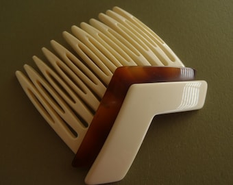 Vintage French Hair Comb unused 1960s France elegant by Carita cream & faux tortoise shell 2 3/8 x2 1/4 inch (60x57mm) womens hair
