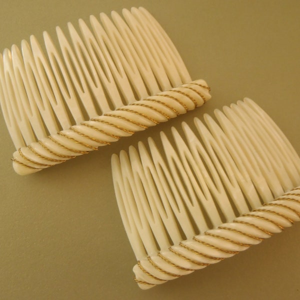 2 Vintage Alexandre de Paris French Hair Combs unused 1960s chunky Beige with Gold highlights approx 2 3/4x2 inch (71x50mm) hair jewelry