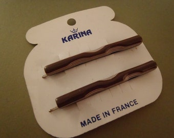 2 Vintage Karina Hair Slides unused sculpted bars brown & beige layers approx 2 3/9 x 1/4 inch (56x12 mm) metal spring catches