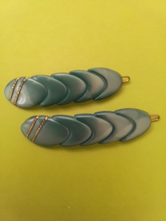 2 Vintage French Hair Barrettes Teal Blue with Go… - image 1