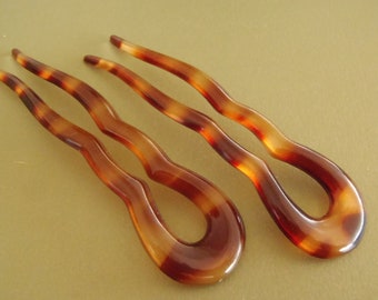 2 Vintage French Hair Picks Chignon Pins Combs 1940s thick Faux Tortoise Shell unused stylish approx 3 5/8x7/8 inch (95x22 mm)