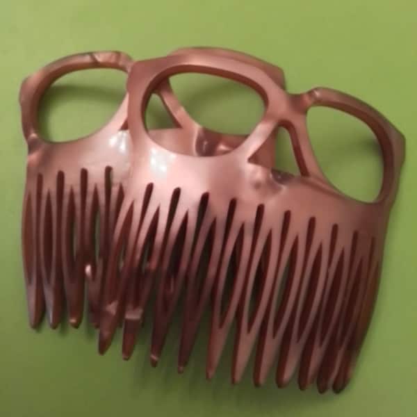 2 Vintage French Hair Combs Eye Glass shape 1970s hand made Pearled dusky pink color 65x60 mm (2 1/2 x 2 3/8 inches)