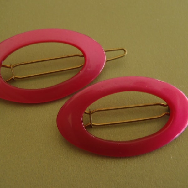 2 Vintage French Hair Barrettes Stylish Pierced Fuschia Pink Ovals 1960s 40x22mm (1 5/8 x 7/8 inch) womens accessories hair jewelry