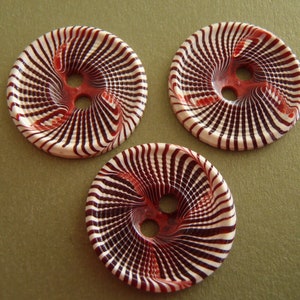 3 Vintage French art deco spiral cookie buttons in burgundy red and on white XL 7/8 inch (22mm) celluloid 2 hole