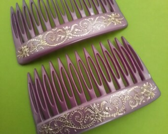 2 Vintage French Hair Combs 1960s purple with embossed decoration 80x48 mm (3 1/4 x 1 7/8 inch) womens accessories hair jewelry