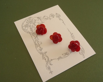 3 Antique Rose Buttons small red 3D glass 13 mm (approx 1/2 inch) brass loop on repro card