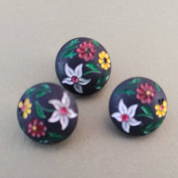 3 Vintage Black Glass Buttons Hand Painted Flowers  approx 13 mm ( 1/2 inch)