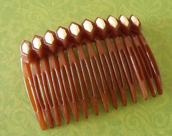 Vintage French Hair Comb Stylish Brown with Cream inserts 1960s  68x50mm (2 3/4 x 2 inch) womens hair accessory