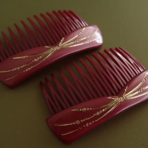 Vintage French Hair Combs 1970s Dusky Pink Sparkling Highlights 7.6 (3x inches) Wide