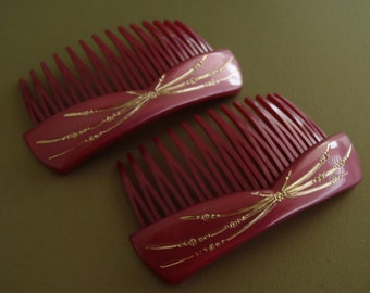 Vintage French Hair Combs 1970s Dark Pink Sparkling Highlights 7.6 (3x inches) Wide