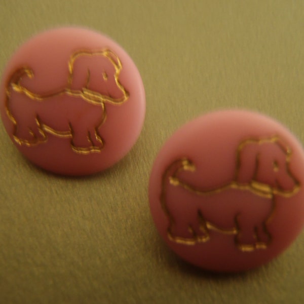 2 small Vintage Glass Dog Buttons pink button gold trim cute character puppy 13mm (1/2 inch) sew jewelry knit quilt collect