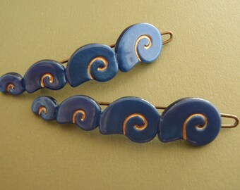 Vintage French Barrettes Dark Blue base graduated with gold lustre swirls 2 x 1/2 inches (50 x 13mm) small teeth womens hair jewelry