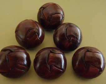 6 Lg Vintage Leather Knot Buttons 1940s Brown unused good Quality Excellent Condition 28 x 20 mm (approx 1 1/8 x 3/4 inch)