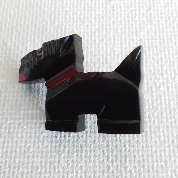 French Art Deco antique bakelite Scotty Dog Button glossy black red collar & nose approx 1x5/8 inch (25x15mm)