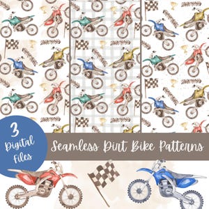 May include: Watercolor digital files featuring seamless dirt bike patterns. The patterns include illustrations of dirt bikes in red, blue, green, and yellow, along with checkered flags and trophies. The text reads "3 Digital Files" and "Seamless Dirt Bike Patterns."