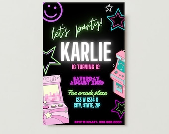 Invitación editable para fiesta de cumpleaños de chica gamer de neón