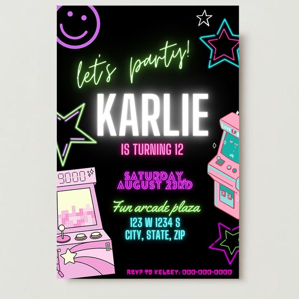 Editable Neon Arcade Gamer Girl Birthday Party Invite