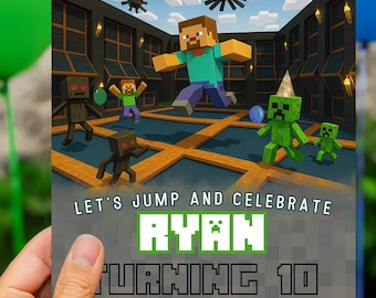 Invitación a fiesta en Pixel Block Trampoline Park, invitación a fiesta de cumpleaños en Sky-Zone, fiesta de saltos para adolescentes, fiesta de saltos, fiesta de saltos para gamers