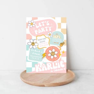 Preppy Birthday Invite, Teen Girl Birthday Invite, Tween Birthday Invite, Retro Girls Birthday Invite, Editable  Checkered Smile Face Invite