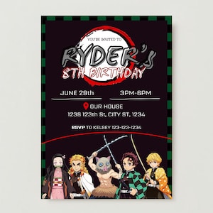 May include: A black and green invitation card with a red and white circle in the background. The text "YOU'RE INVITED TO RYDER'S 8TH BIRTHDAY" is in white and gray. The date is June 29th and the time is 3PM-6PM. The location is "OUR HOUSE" and the address is 1235 123th St, CITY ST, 1234. The RSVP information is "RSVP TO KELSEY 123-123-1234". The bottom of the card features a group of anime characters from the show Demon Slayer.