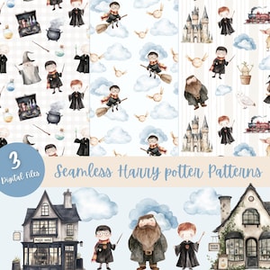 May include: Three digital files featuring seamless Harry Potter patterns. The designs include illustrations of characters, Hogwarts castle, brooms, and magical items. The text "Seamless Harry Potter Patterns" is displayed in a light blue font.